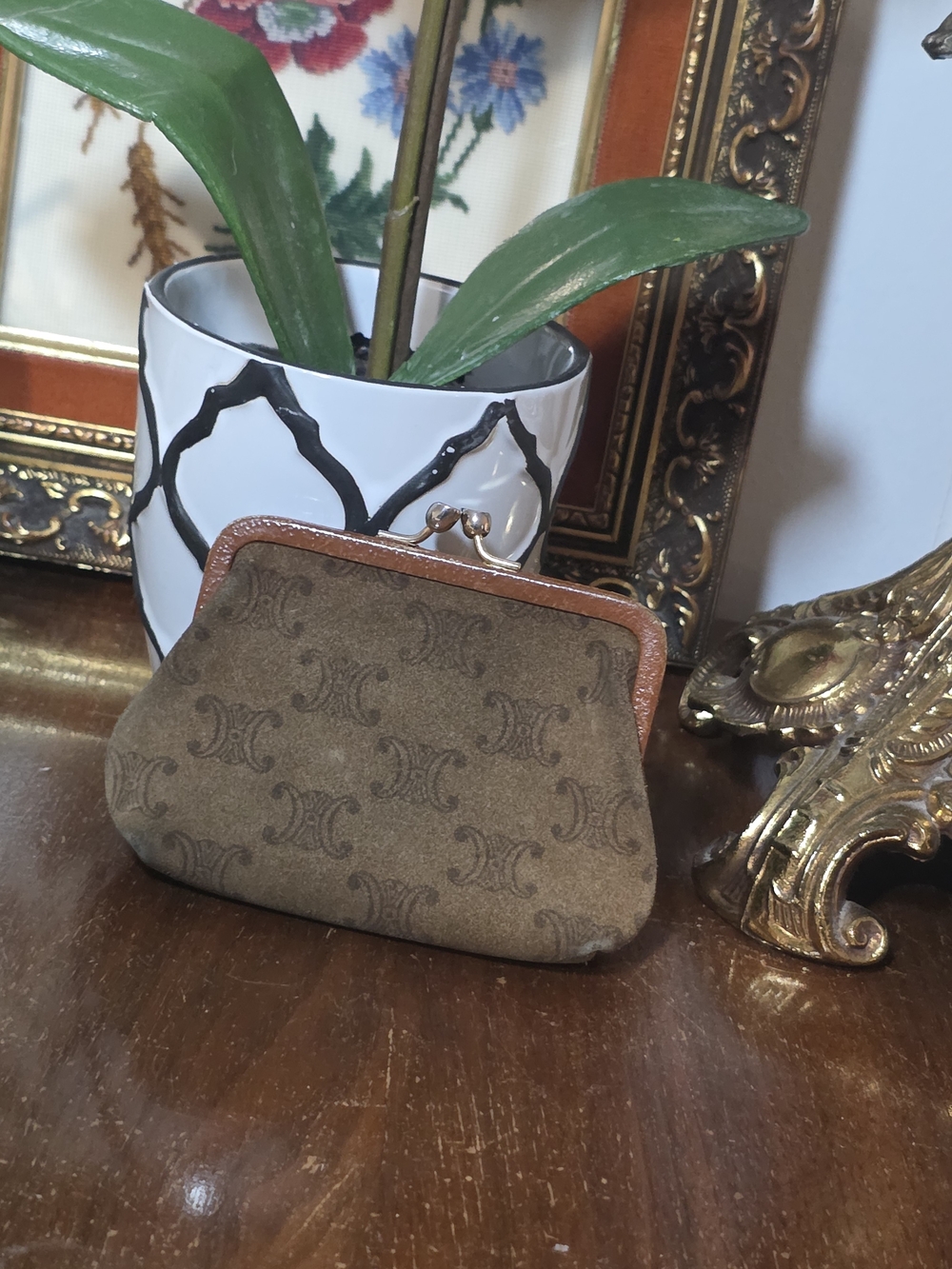 Vintage, rare Celine Macadam suede coin purse, monogram pattern and kisslock